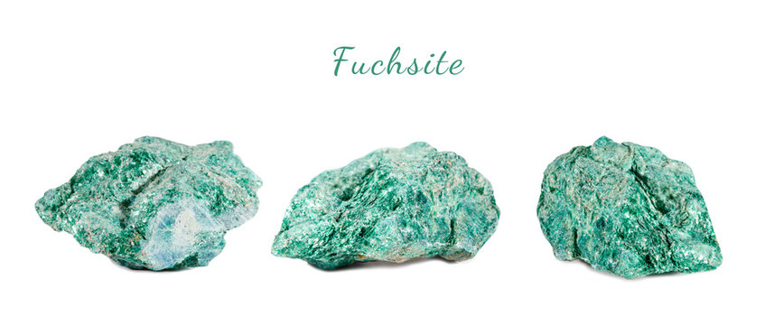 Macro shooting of natural gemstone. Raw mineral fuchsite. Isolated object on a white background.