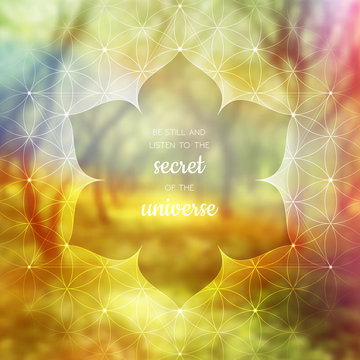 Spiritual illustration with inspirational phrase; Sacred geometry on blurred background with forest; Motifs of lotus, flower of life and yantra; Poster for yoga studio.