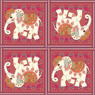 Tea packing or carpet with cute indian elephant, paisley and zigzag frame. Beautiful ethnic illustration.