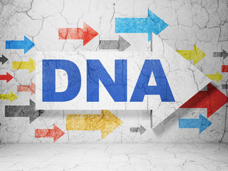 Medicine concept:  arrow with DNA on grunge textured concrete wall background, 3D rendering