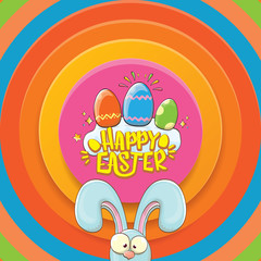 happy easter greeting card wtih bunny, calligraphic text, clouds , rainbow and color easter eggs. vector easter kids cartoon poster