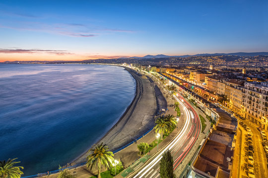 Promenade and Coast of Azure at dusk in Nice, France