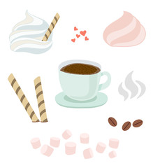 Set of a cup with saucer of hot coffee or chocolate with whipped cream, wafer, small marshmallow, cookies. Steam, coffee beans, meringues. Vector isolated illustration on white 