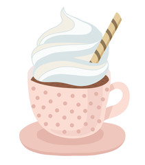 Pastel pink coffee cup with saucer, hot coffee or chocolate with whipped cream and waffle. Vector isolated illustration on white background