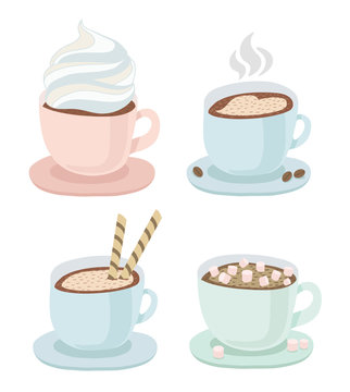 Set of a cup with saucer of hot coffee or chocolate with whipped cream, drawing of heart, wafer, small marshmallow, cookies. Steam over hot coffee, coffee beans. Vector illustration on white 