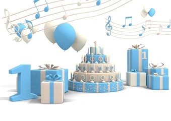 3d render van jongens taart cadeaus en ballonnen