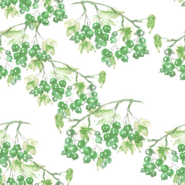 Seamless watercolor background with an even branch of currant, berries, Green grapes, leaves. Beautiful vintage floral pattern. Green branch with berries of currant. For textiles, paper, design.