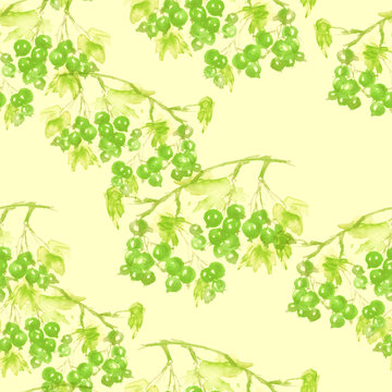 Seamless watercolor background with an even branch of currant, berries, Green grapes, leaves. Beautiful vintage floral pattern. Green branch with berries of currant. For textiles, paper, design.