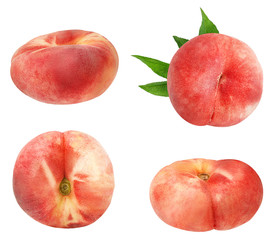 Three chinese flat donut peaches with leaf isolated on white with clipping path