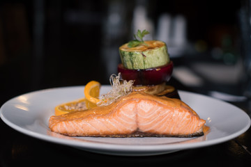 Salmon fish speciality gourmet restaurant goumet plate preparation bread lunch healthy appetizer delicious cuisine fillet meat vegetable lemon cheese