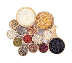 Cereal grains , seeds, beans on wooden background