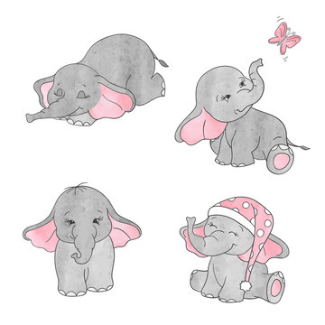 Set of cute cartoon baby elephants. Vector watercolor illustration.