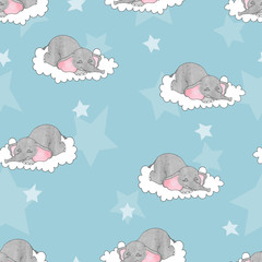 Seamless pattern with cute sleeping baby elephants on the clouds. Vector background for kids