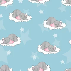 Wall murals Sleeping animals Seamless pattern with cute sleeping baby elephants on the clouds. Vector background for kids