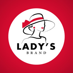 Vector artistic logo with hand drawn lady in hat portrait isolated on white background. Outline drawing. Good for women accessory & cloth boutique, cosmetic shop, girl care salon, fashion store emblem
