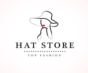 Vector artistic logo with hand drawn lady in hat portrait isolated on white background. Outline drawing. Good for women accessory & cloth boutique, cosmetic shop, girl care salon, fashion store emblem