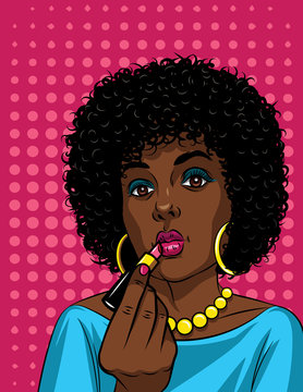 Colorful Illustration In Pop Art Style Of Beautiful African American Girl Doing Makeup . Fashionable Woman Holding Lipstick In Her Hand Over  Pink Halftone Dot Background