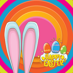 happy easter greeting card wtih bunny, calligraphic text, clouds , rainbow and color easter eggs. vector easter kids cartoon poster