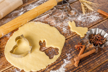 Shapes and dough for baking curly cookies on a wooden background.