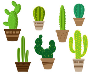 Icônes de cactus dans un style plat sur fond blanc. Accueil plantes cactus en pots