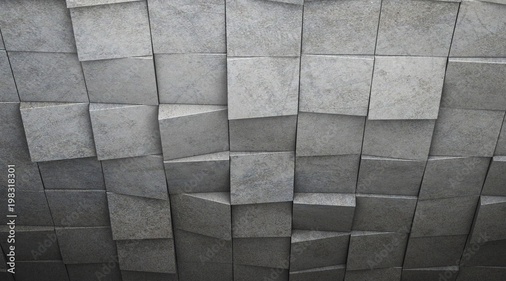 Poster Abstract of architecture space with random rhythm of tilt concrete block and light and shadow of the sun,3D render