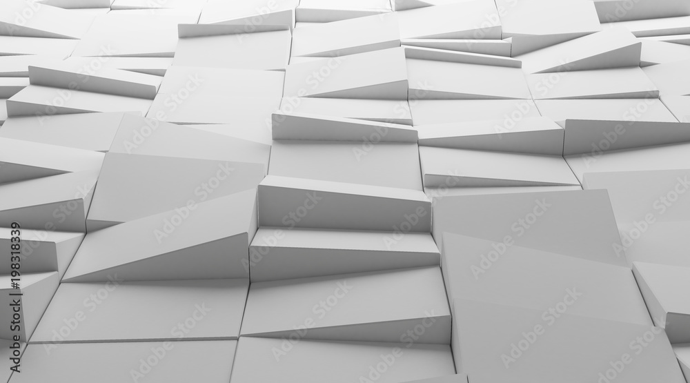 Aufkleber Abstract of architecture space with random rhythm of tilt white block and light and shadow of the sun,3D render