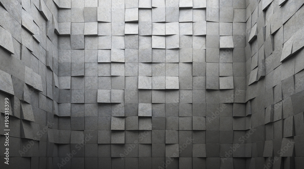 Poster Abstract of architecture space with random rhythm of tilt concrete block and light and shadow of the sun,3D render