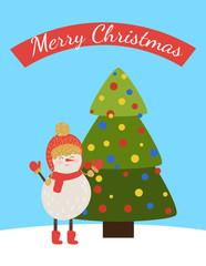 Merry Christmas Postcard with Cartoon Snowman