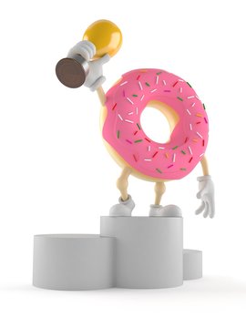 Donut character holding golden trophy