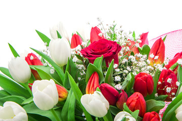 beautiful bouquet of red and white tulip and one rose