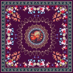 Festive tablecloth or vintage shawl with magical peacock, floral and paisley ornament, decorative border. Indian, persian, turkish, russian motives.