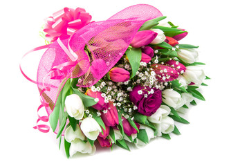 beautiful bouquet of red and white tulip and one rose