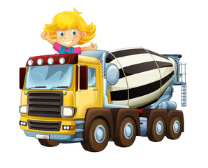 cartoon happy and funny child - girl in toy construction site truck - on white background - illustration for children