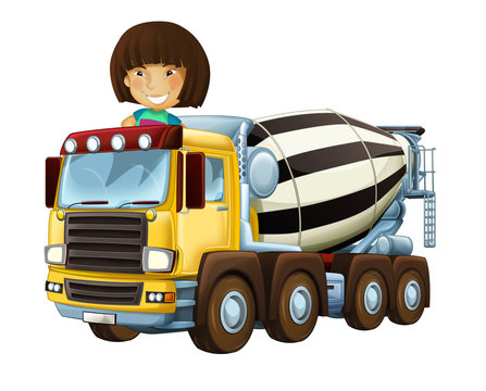 cartoon happy and funny child - girl in toy construction site truck - on white background - illustration for children