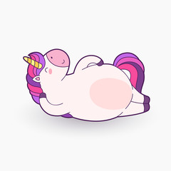 Cute cartoon magical unicorn. Vector illustration. Template for printing, background, texture, wallpaper, postcard. Unicorn tans and smiles