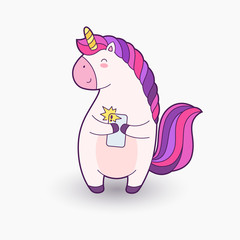 Cute cartoon magical unicorn. Vector illustration. Template for printing, background, texture, wallpaper, postcard. Unicorn holding a phone and makes selfie