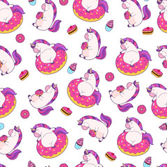 Seamless vector pattern, background, wallpaper with funny unicorns. Funny unicorn eating a donut and sitting in inflatable ring