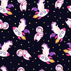 Seamless vector pattern, background, wallpaper with funny unicorns. Cute unicorn on rocket, in spacesuit.