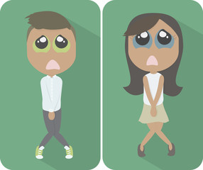 Flat cartoon bathroom sign with a modern young man and woman having the urge to urinate. Illustration EPS 10 Vector.