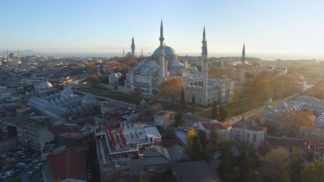 The Blue Mosque Sultanahmet in Istanbul, Turkie. Aerial drone view Shot. Blue sky, sunset.