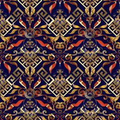 Floral greek key seamless pattern. Vector abstract geometric bright  background.  Vintage flowers, swirls, leaves, lines, circles, shapes, figures, gold meander ornaments. Patterned ornate 3d texture.