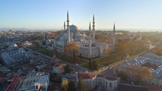 The Blue Mosque Sultanahmet in Istanbul, Turkie. Aerial drone view Shot. Blue sky, sunset.