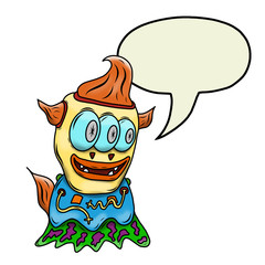 Crazy strange space alien or monster with speech bubble. Original colored illustration