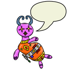 Crazy strange space alien or monster with speech bubble. Original colored illustration