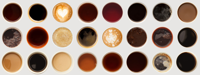 Collection of coffee cups tops isolated on white