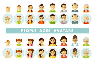 Set of people generations avatars at different ages. Man and woman aging icons - baby, child, teenager, young, adult, old. Vector illustration in flat style isolated on white background.