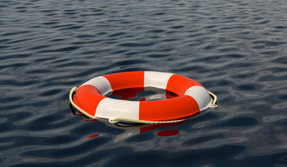 Naklejka premium Life buoy floating on sea to rescue people from drowning man. Safety equipment.