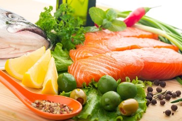 Fresh salmon steak and vegetables