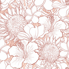 Obraz premium Tropikalne kwiaty wzór - białe ręcznie rysowane egzotyczne kwiaty hibiskusa, protea, magnolii i plumeria oraz liści palmowych z konturem linii kolorów. Szkic ilustracji wektorowych kwiatowy.