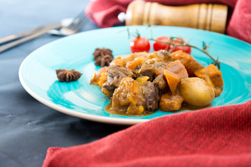 Beef stewed and Carrots potatoes with a wine sauce and herbs